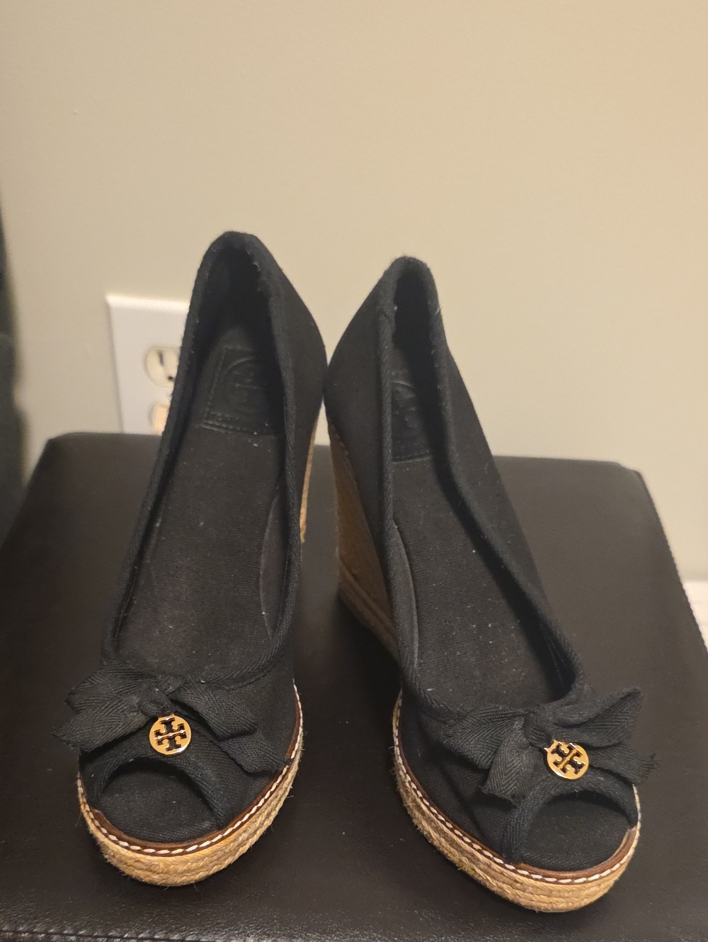Tory Burch Black Peep-Toe Wedge Heels with Bow Accent
